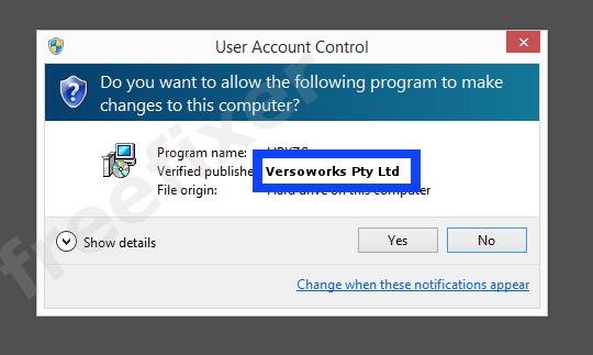 Screenshot where Versoworks Pty Ltd appears as the verified publisher in the UAC dialog